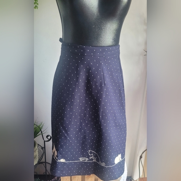 Miss Patina Blue A Line Skirt with Cat Print Hemline S - Picture 3 of 4